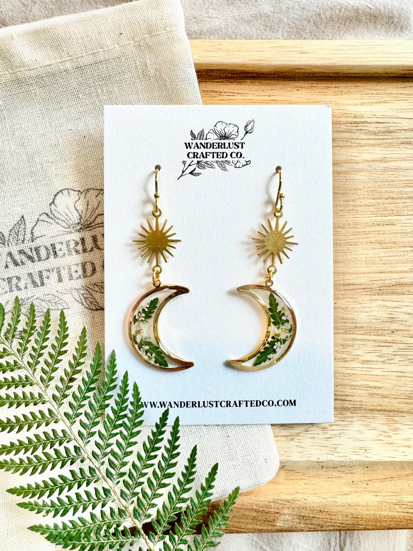 White Floral Moon & Star Earrings in Gold