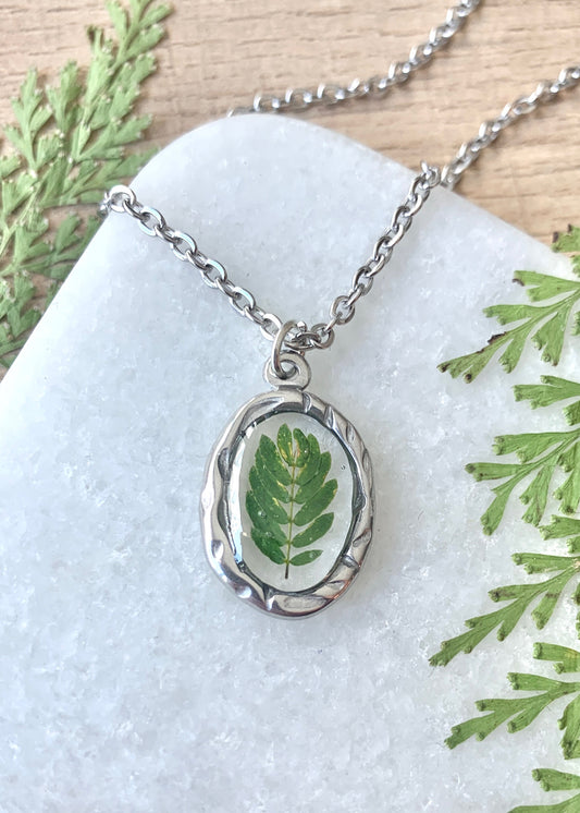 Mini Hammered Oval Necklace Silver & Green Leaf ~ 2
