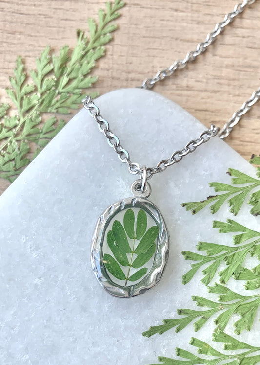 Mini Hammered Oval Necklace Silver & Green Leaf ~ 3
