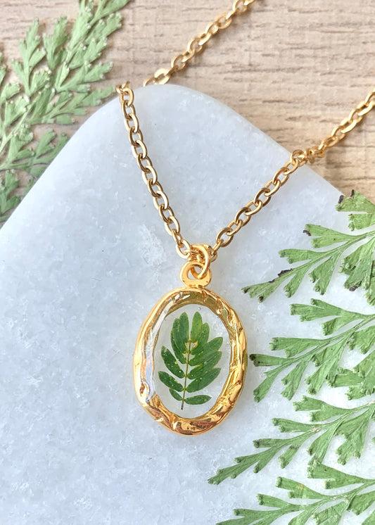 Mini Hammered Oval Necklace Gold & Green Leaf ~ 1