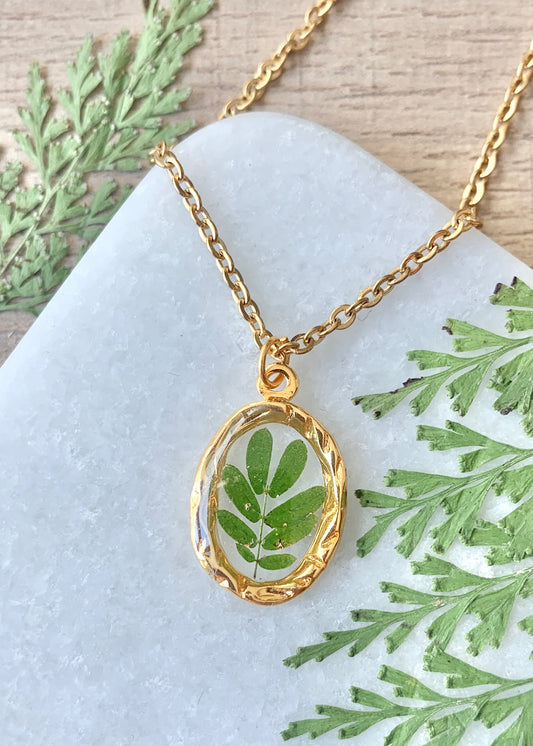 Mini Hammered Oval Necklace Gold & Green Leaf ~ 2