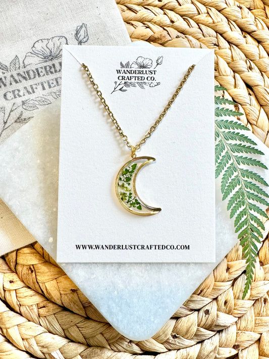 Gold Floral Moon Necklace with White Flowers