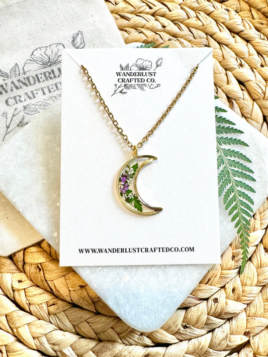 Gold Floral Moon Necklace with Purple Flowers