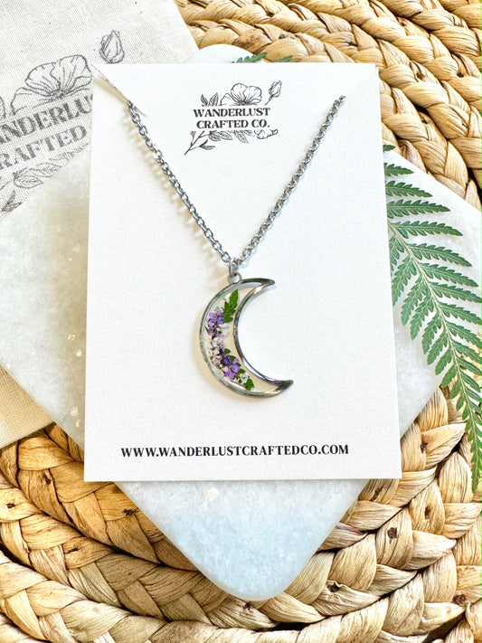 Silver Floral Moon Necklace with Purple Flowers
