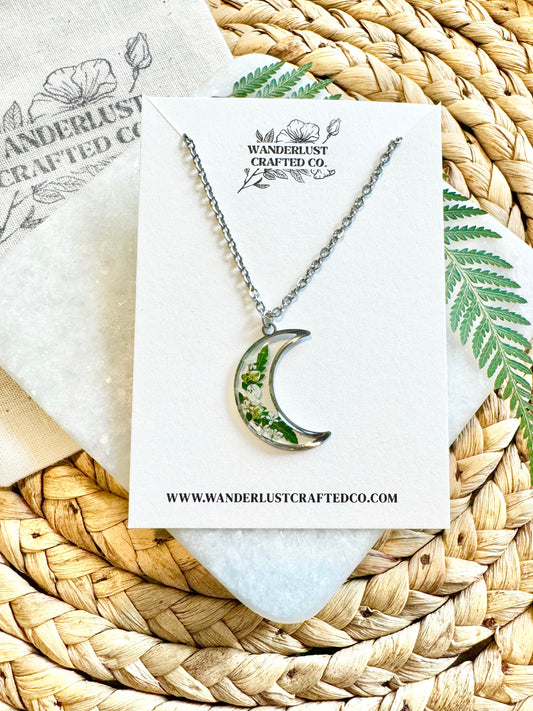 Silver Floral Moon Necklace with White Flowers