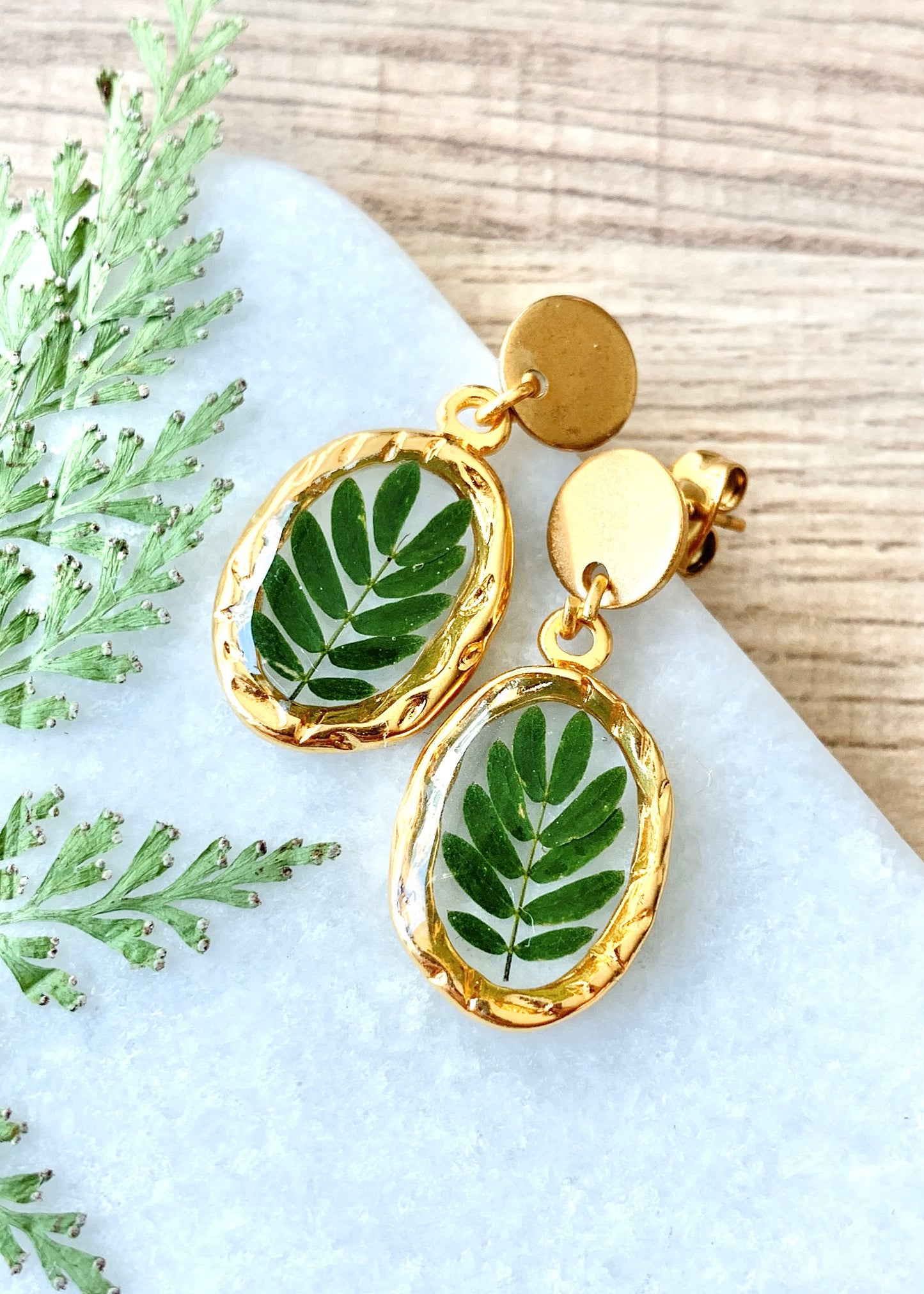 Mini Hammered Oval Dangles Gold & Green Leaf