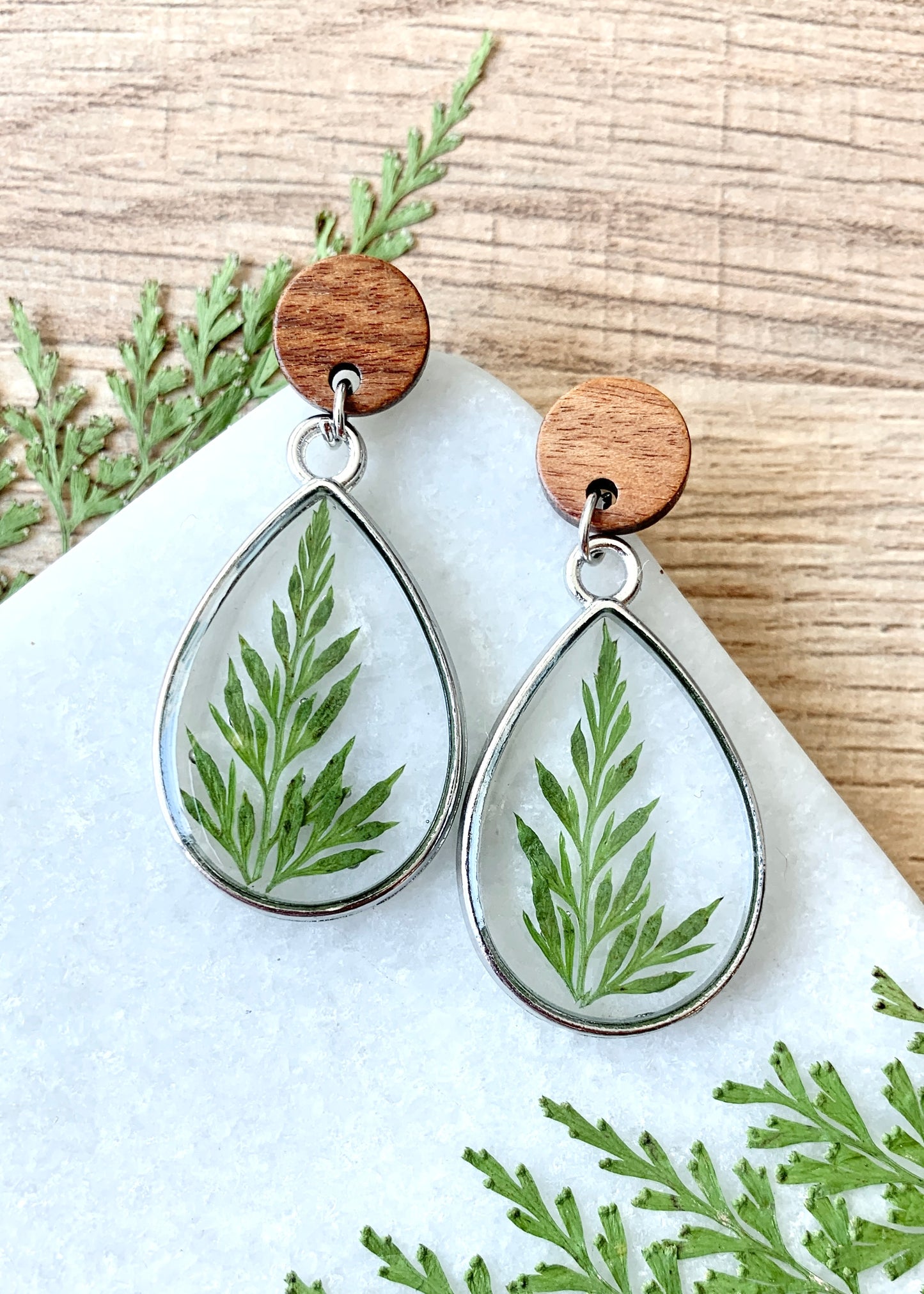 Teardrop Dangles - Wood & Fern in Silver